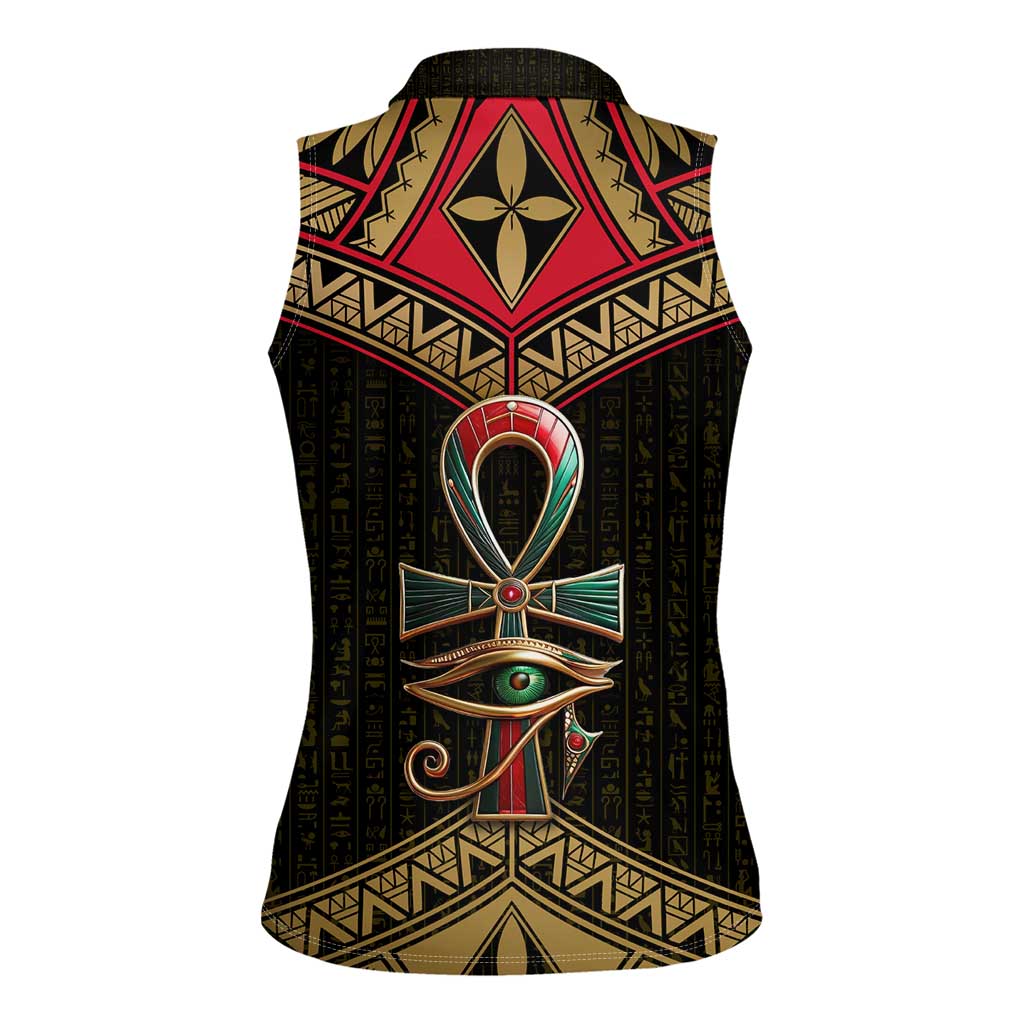 Ankh Eye of Horus Egypt Women Sleeveless Polo Shirt with Ancient Black Gold Hieroglyph Spirit