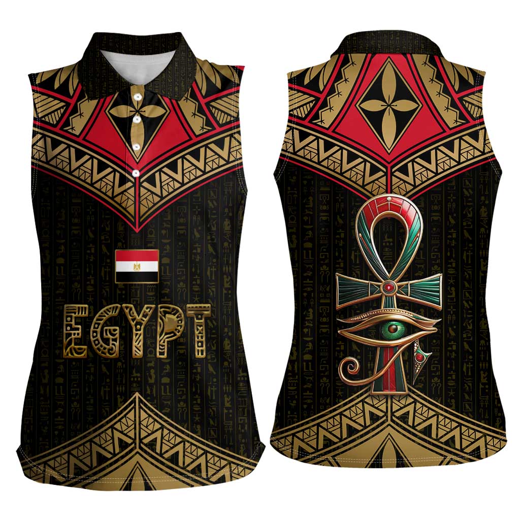 Ankh Eye of Horus Egypt Women Sleeveless Polo Shirt with Ancient Black Gold Hieroglyph Spirit