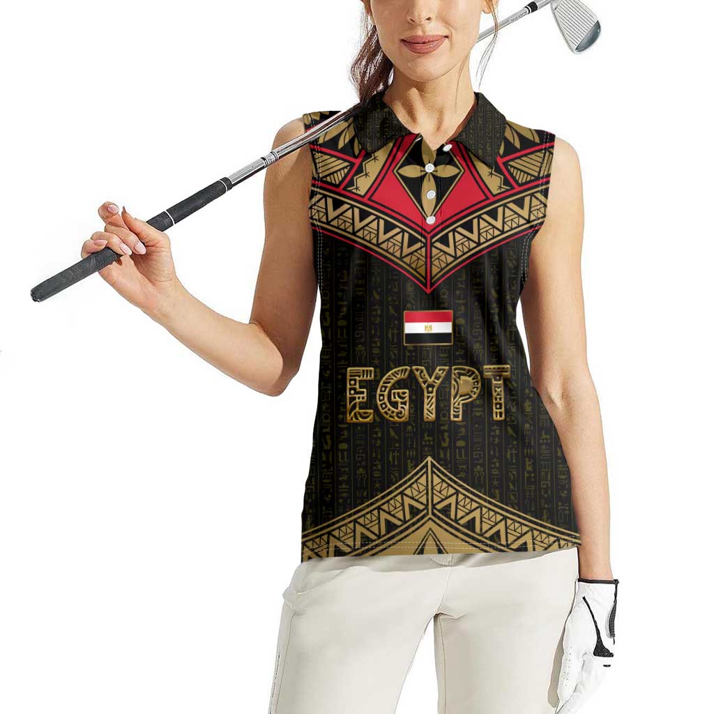Ankh Eye of Horus Egypt Women Sleeveless Polo Shirt with Ancient Black Gold Hieroglyph Spirit