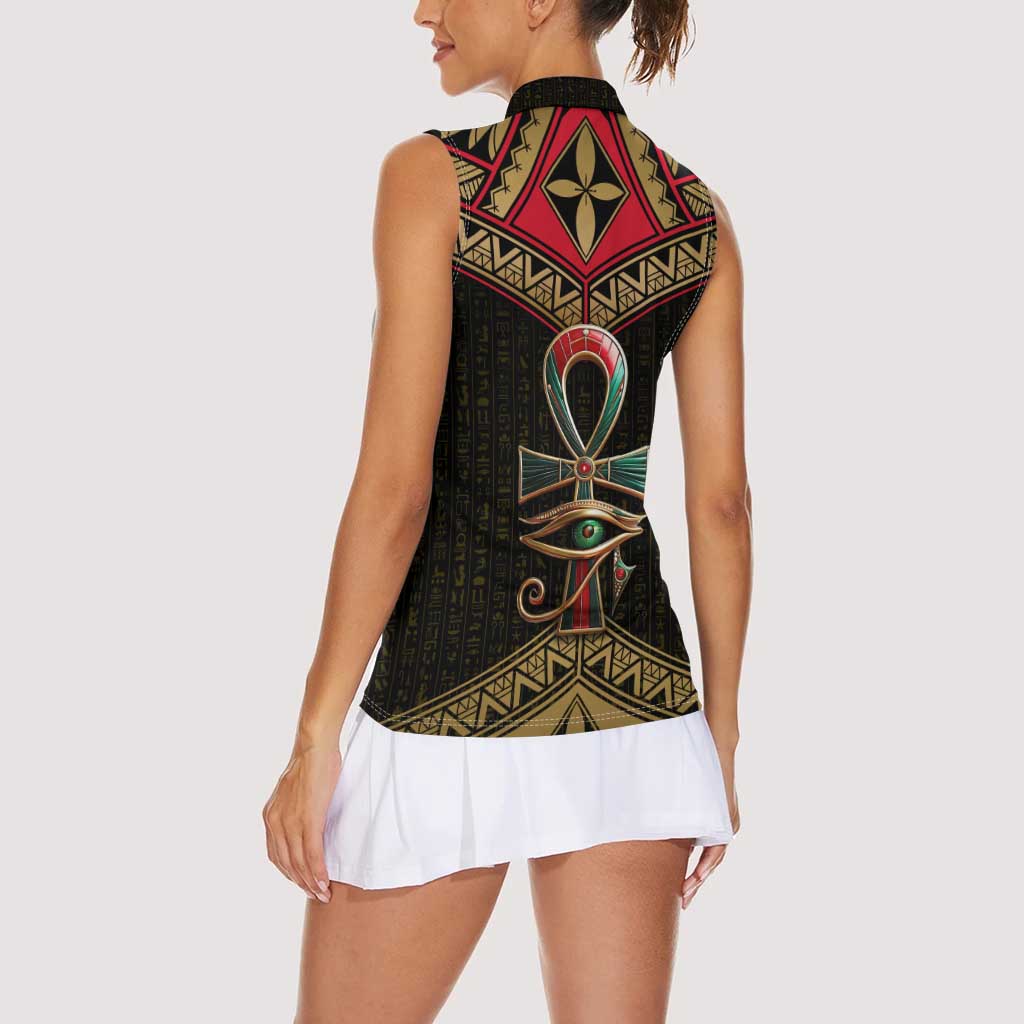 Ankh Eye of Horus Egypt Women Sleeveless Polo Shirt with Ancient Black Gold Hieroglyph Spirit