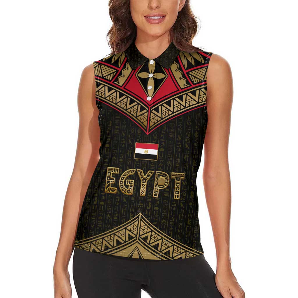 Ankh Eye of Horus Egypt Women Sleeveless Polo Shirt with Ancient Black Gold Hieroglyph Spirit