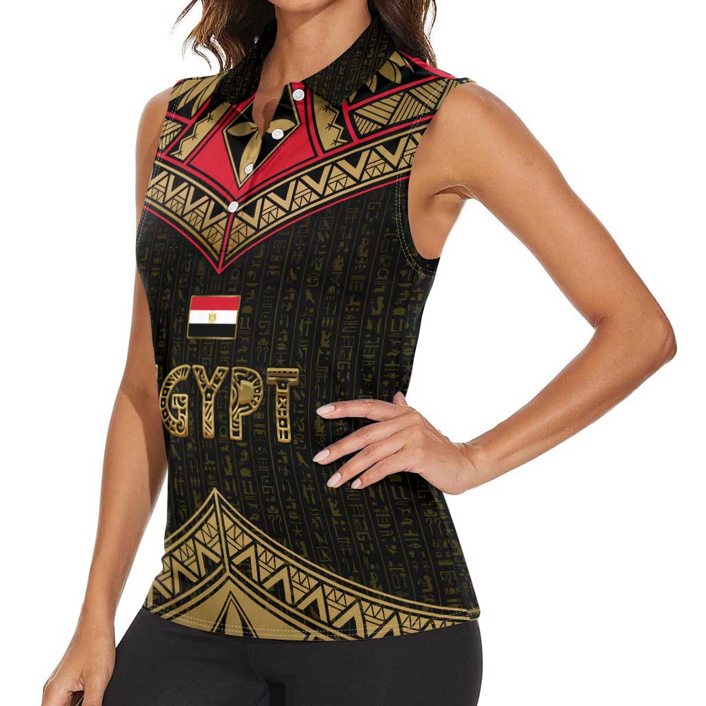 Ankh Eye of Horus Egypt Women Sleeveless Polo Shirt with Ancient Black Gold Hieroglyph Spirit