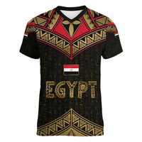 Ankh Eye of Horus Egypt Women V-Neck T-Shirt with Ancient Black Gold Hieroglyph Spirit