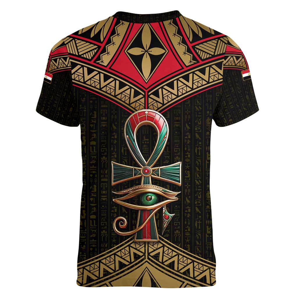 Ankh Eye of Horus Egypt Women V-Neck T-Shirt with Ancient Black Gold Hieroglyph Spirit