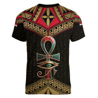 Ankh Eye of Horus Egypt Women V-Neck T-Shirt with Ancient Black Gold Hieroglyph Spirit