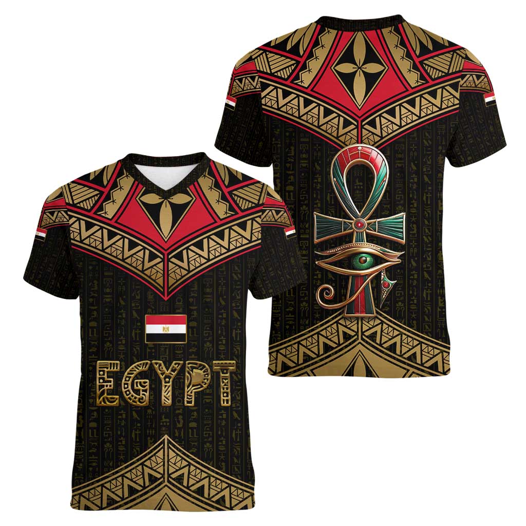 Ankh Eye of Horus Egypt Women V-Neck T-Shirt with Ancient Black Gold Hieroglyph Spirit