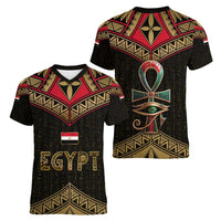 Ankh Eye of Horus Egypt Women V-Neck T-Shirt with Ancient Black Gold Hieroglyph Spirit