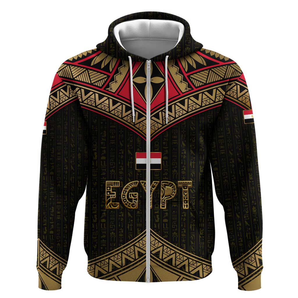 Ankh Eye of Horus Egypt Zip Hoodie with Ancient Black Gold Hieroglyph Spirit
