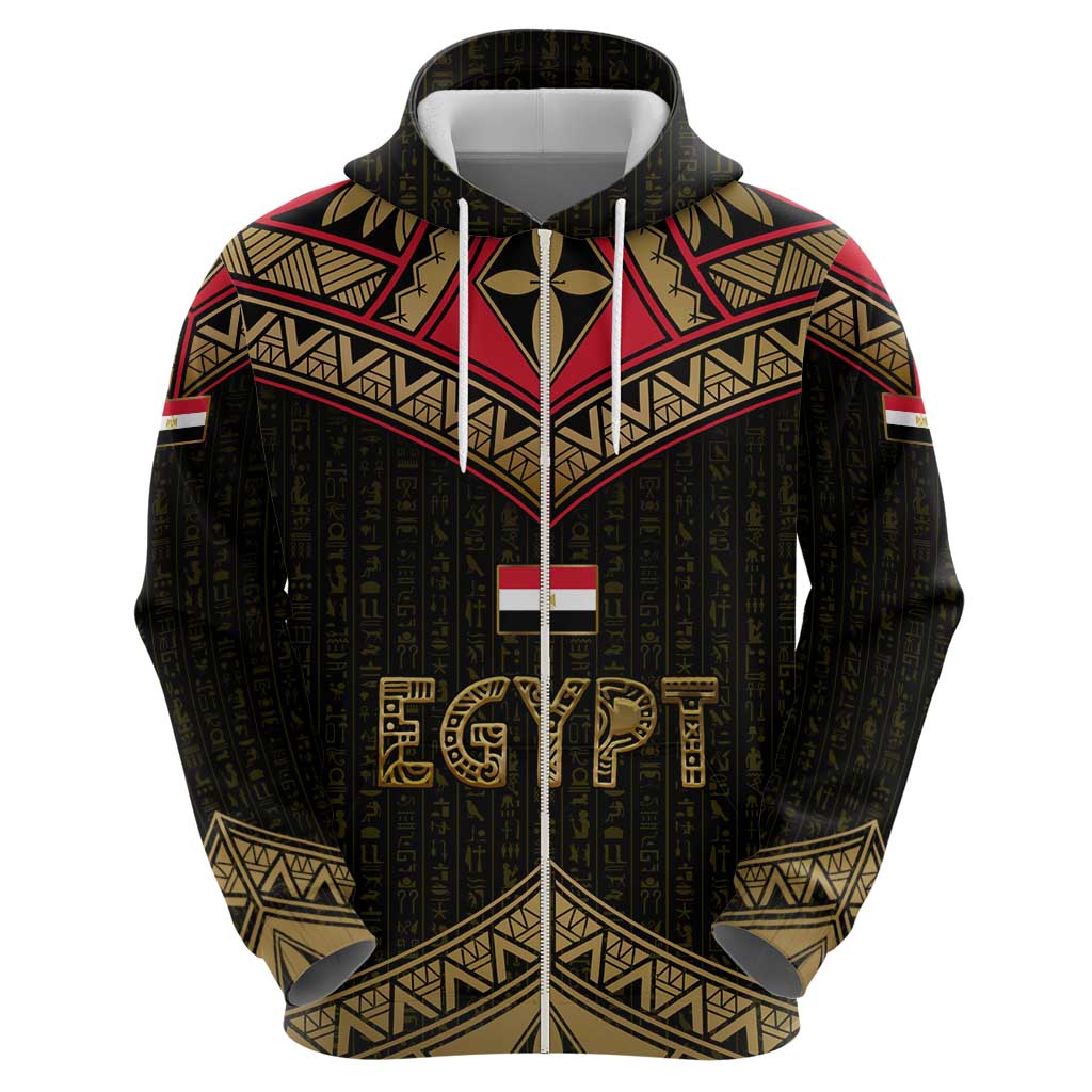 Ankh Eye of Horus Egypt Zip Hoodie with Ancient Black Gold Hieroglyph Spirit
