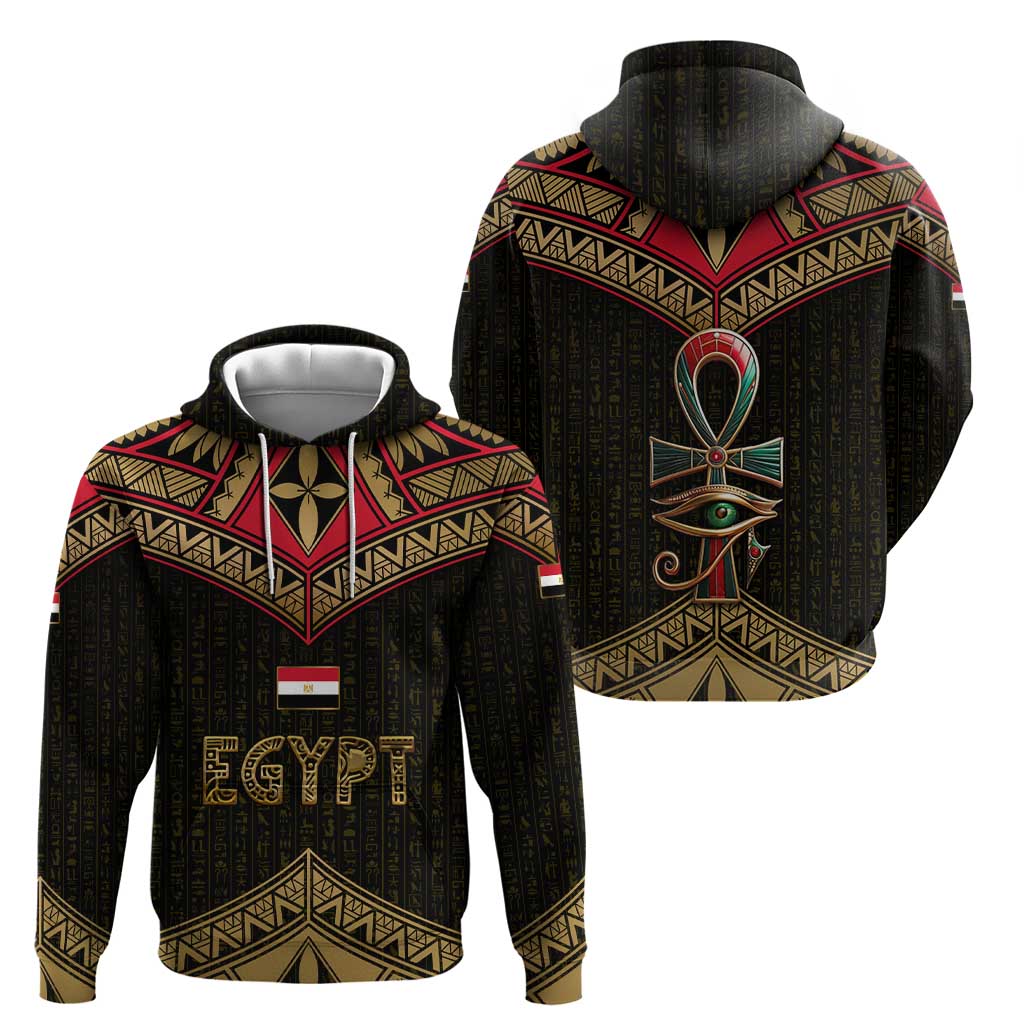 Ankh Eye of Horus Egypt Zip Hoodie with Ancient Black Gold Hieroglyph Spirit