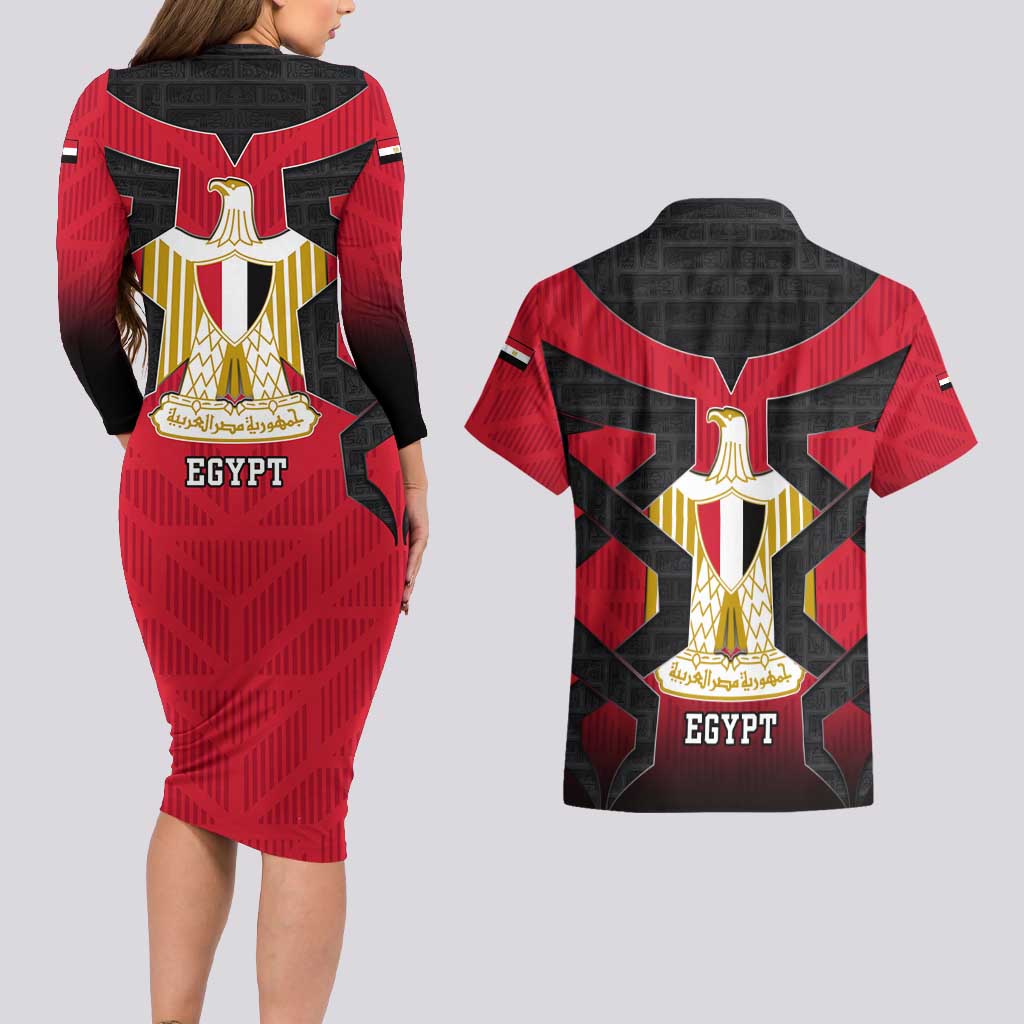 Egypt Flag Emblem Couples Matching Long Sleeve Bodycon Dress and Hawaiian Shirt with Red Black Bold Spirit