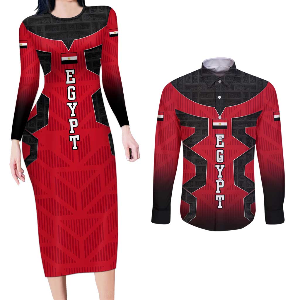 Egypt Flag Emblem Couples Matching Long Sleeve Bodycon Dress and Long Sleeve Button Shirt with Red Black Bold Spirit