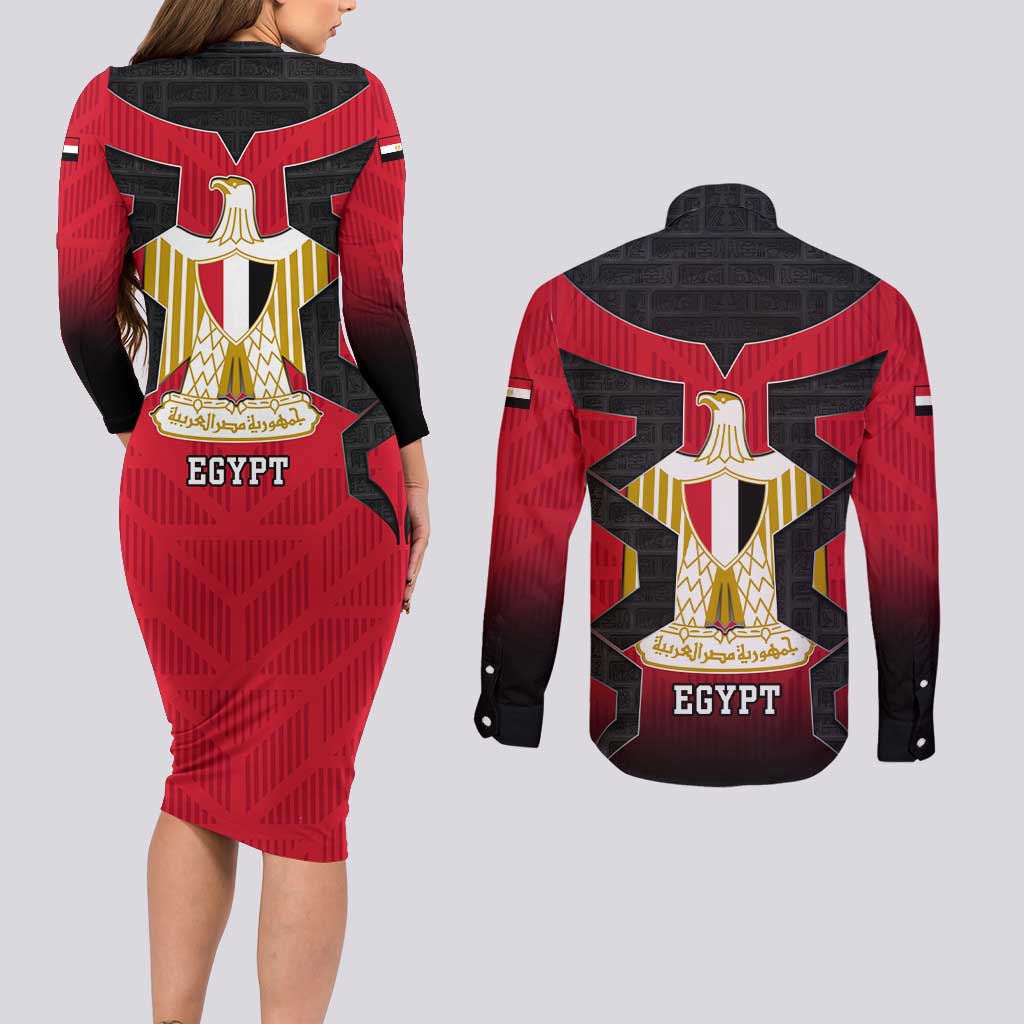 Egypt Flag Emblem Couples Matching Long Sleeve Bodycon Dress and Long Sleeve Button Shirt with Red Black Bold Spirit