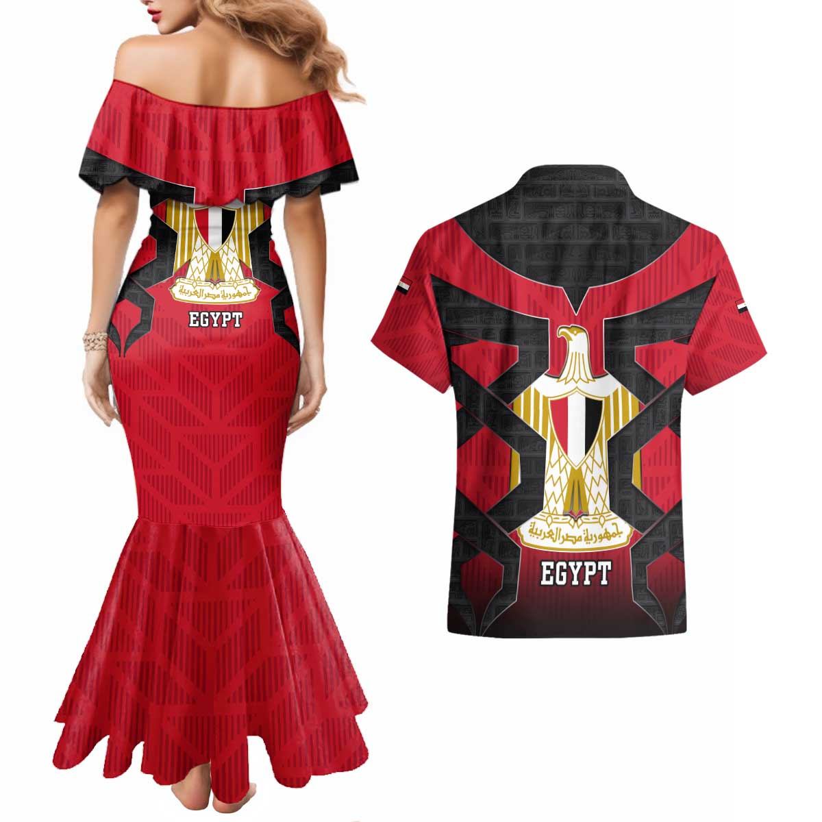 Egypt Flag Emblem Couples Matching Mermaid Dress and Hawaiian Shirt with Red Black Bold Spirit