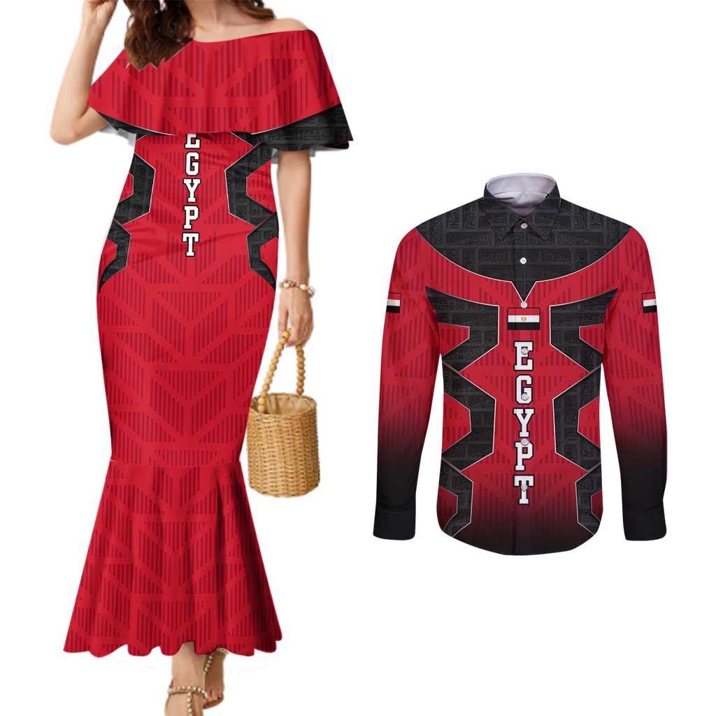 Egypt Flag Emblem Couples Matching Mermaid Dress and Long Sleeve Button Shirt with Red Black Bold Spirit