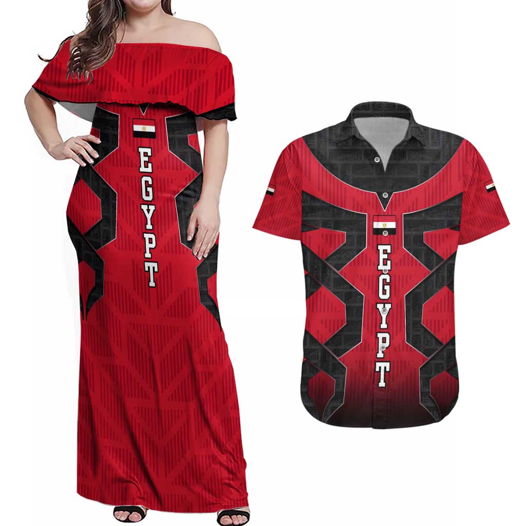 Egypt Flag Emblem Couples Matching Off Shoulder Maxi Dress and Hawaiian Shirt with Red Black Bold Spirit