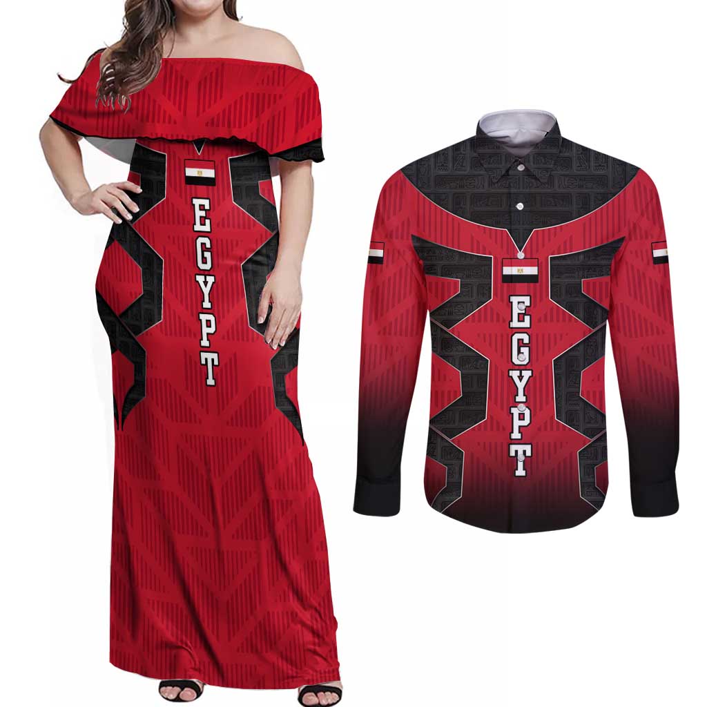 Egypt Flag Emblem Couples Matching Off Shoulder Maxi Dress and Long Sleeve Button Shirt with Red Black Bold Spirit