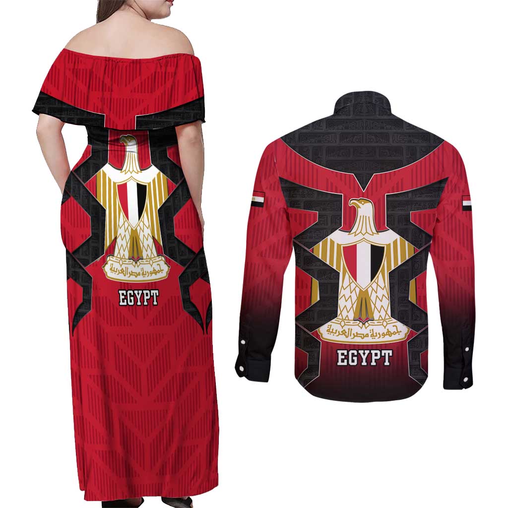 Egypt Flag Emblem Couples Matching Off Shoulder Maxi Dress and Long Sleeve Button Shirt with Red Black Bold Spirit