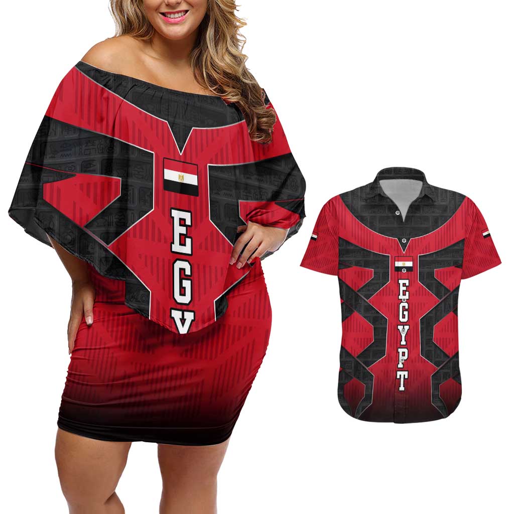 Egypt Flag Emblem Couples Matching Off Shoulder Short Dress and Hawaiian Shirt with Red Black Bold Spirit