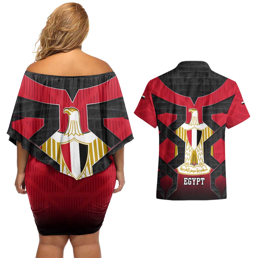 Egypt Flag Emblem Couples Matching Off Shoulder Short Dress and Hawaiian Shirt with Red Black Bold Spirit