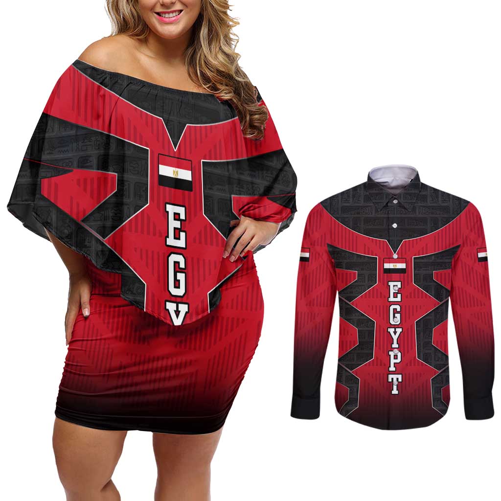 Egypt Flag Emblem Couples Matching Off Shoulder Short Dress and Long Sleeve Button Shirt with Red Black Bold Spirit