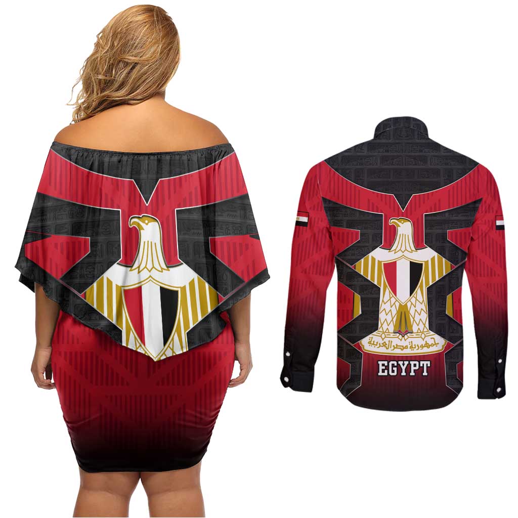 Egypt Flag Emblem Couples Matching Off Shoulder Short Dress and Long Sleeve Button Shirt with Red Black Bold Spirit