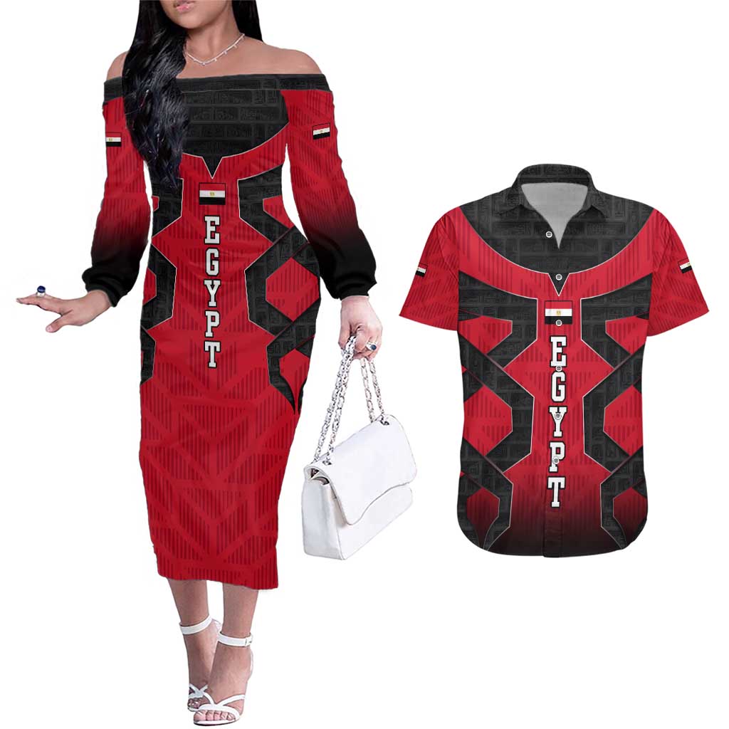 Egypt Flag Emblem Couples Matching Off The Shoulder Long Sleeve Dress and Hawaiian Shirt with Red Black Bold Spirit