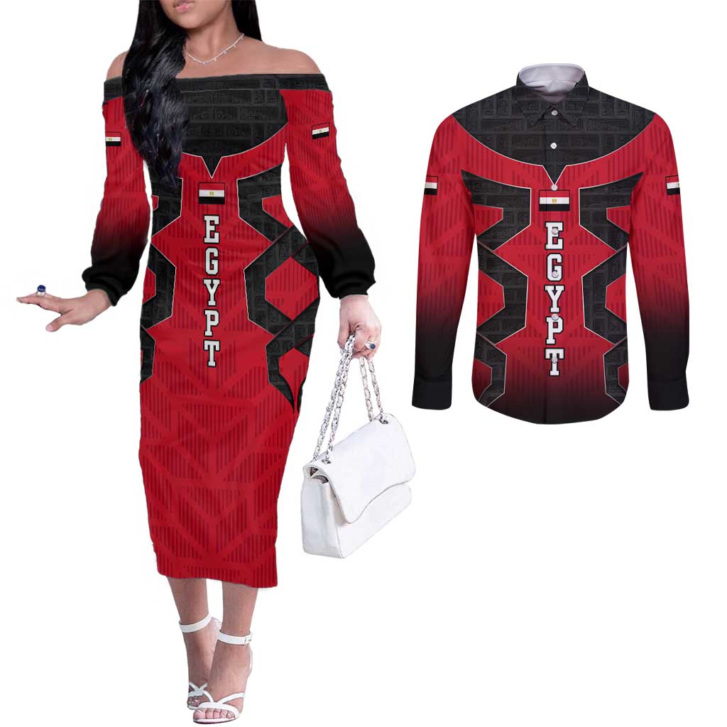Egypt Flag Emblem Couples Matching Off The Shoulder Long Sleeve Dress and Long Sleeve Button Shirt with Red Black Bold Spirit