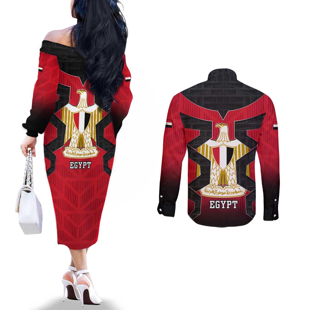 Egypt Flag Emblem Couples Matching Off The Shoulder Long Sleeve Dress and Long Sleeve Button Shirt with Red Black Bold Spirit