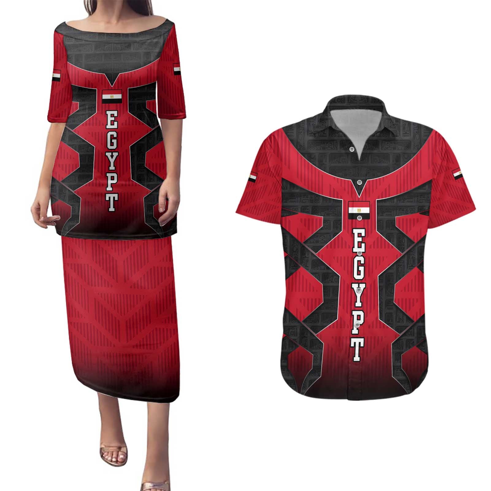 Egypt Flag Emblem Couples Matching Puletasi and Hawaiian Shirt with Red Black Bold Spirit