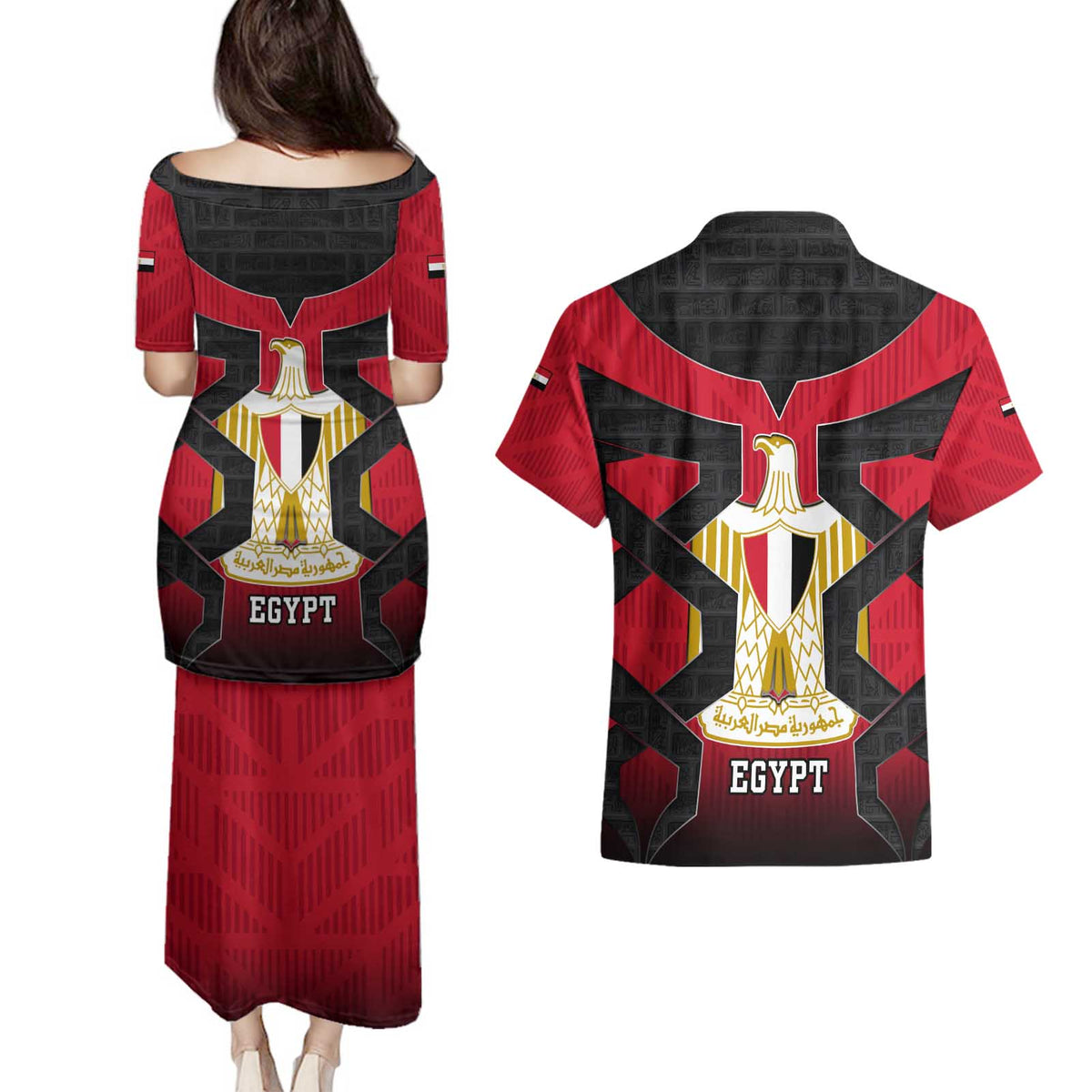 Egypt Flag Emblem Couples Matching Puletasi and Hawaiian Shirt with Red Black Bold Spirit