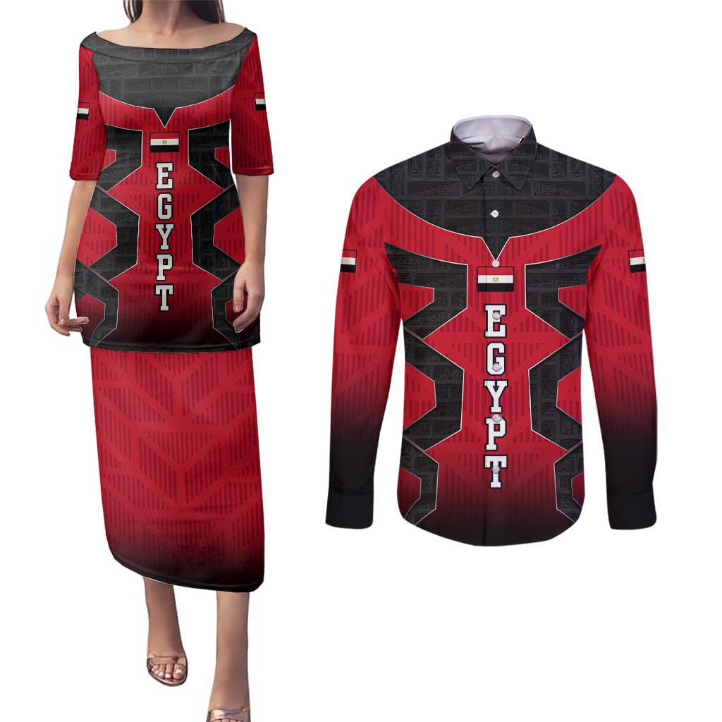 Egypt Flag Emblem Couples Matching Puletasi and Long Sleeve Button Shirt with Red Black Bold Spirit