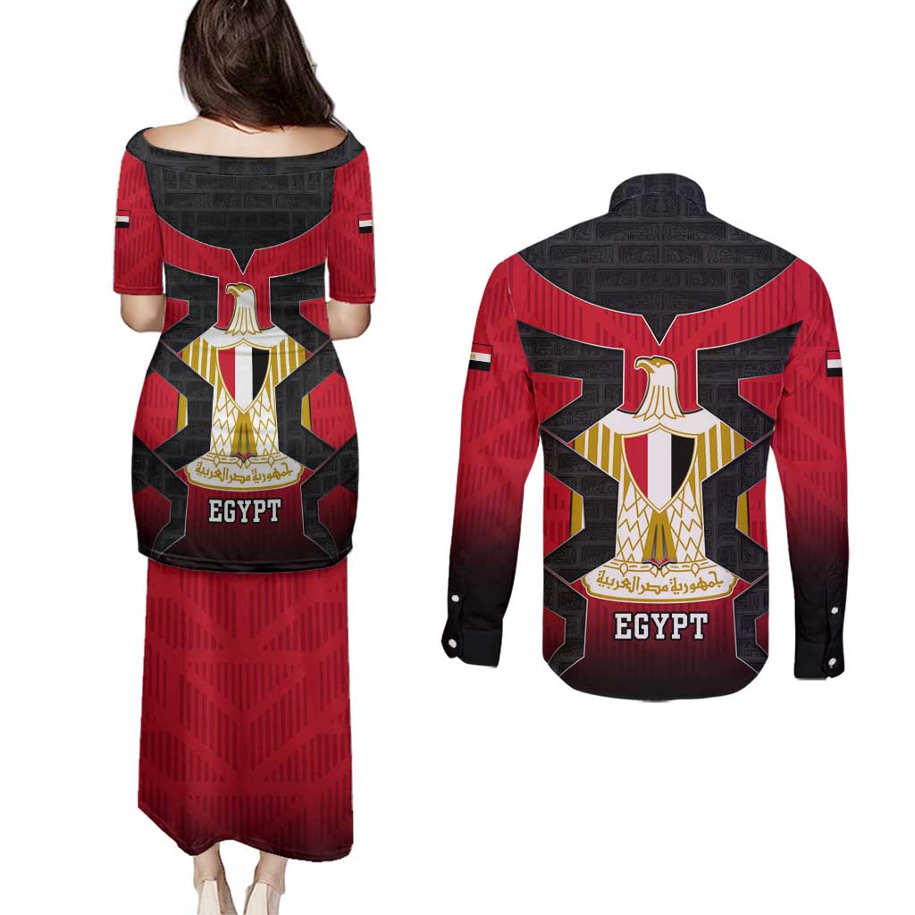 Egypt Flag Emblem Couples Matching Puletasi and Long Sleeve Button Shirt with Red Black Bold Spirit