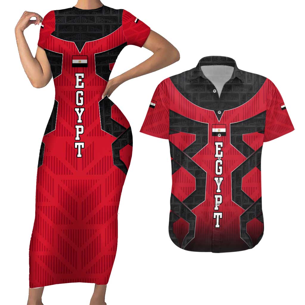 Egypt Flag Emblem Couples Matching Short Sleeve Bodycon Dress and Hawaiian Shirt with Red Black Bold Spirit