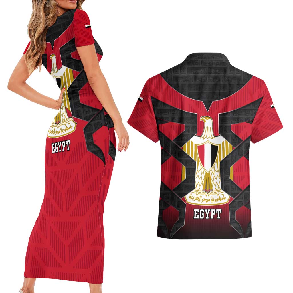 Egypt Flag Emblem Couples Matching Short Sleeve Bodycon Dress and Hawaiian Shirt with Red Black Bold Spirit
