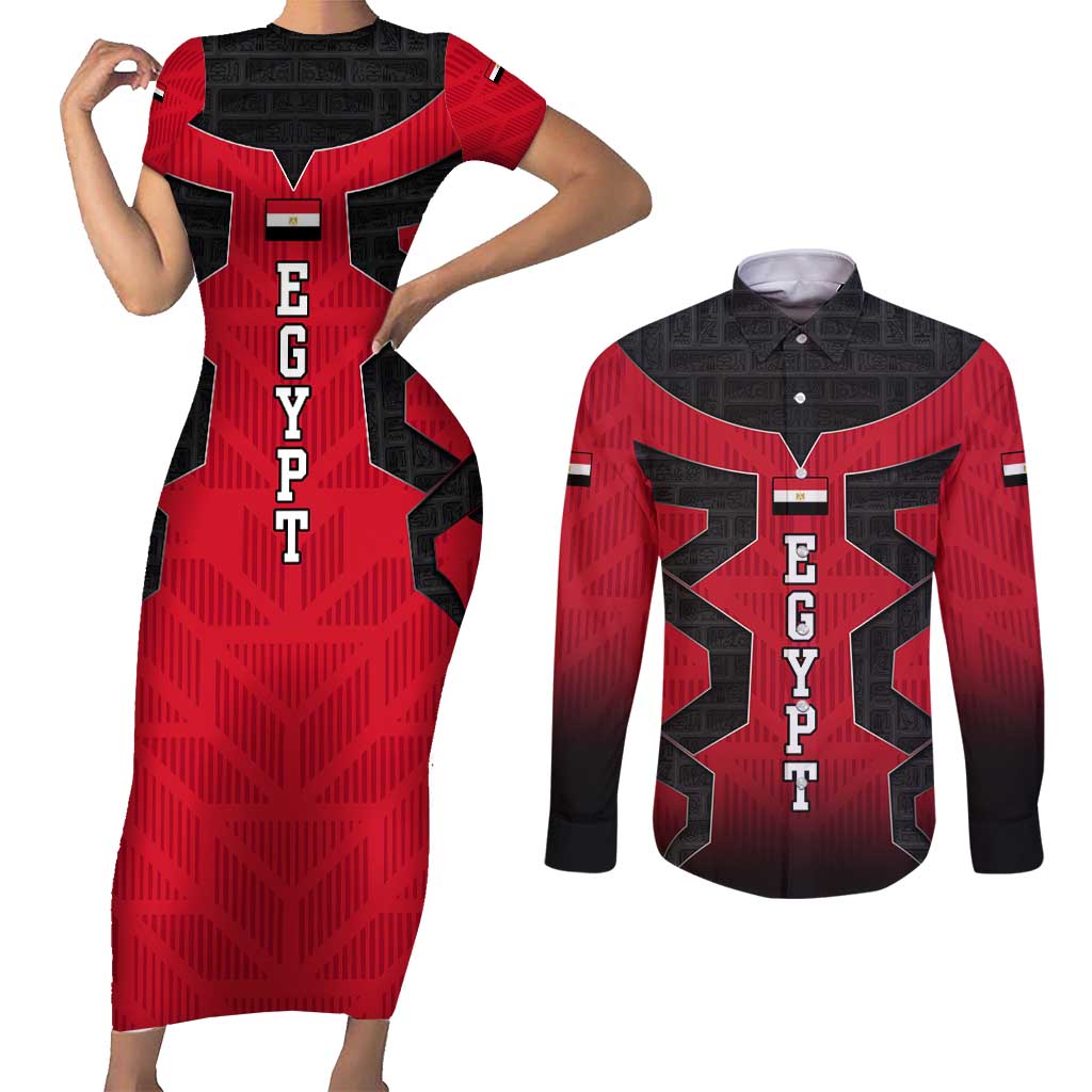Egypt Flag Emblem Couples Matching Short Sleeve Bodycon Dress and Long Sleeve Button Shirt with Red Black Bold Spirit
