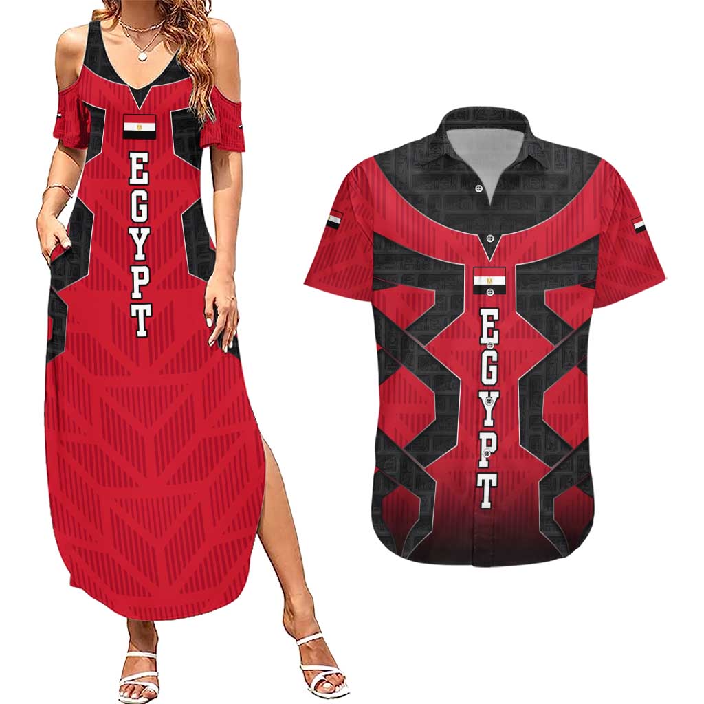 Egypt Flag Emblem Couples Matching Summer Maxi Dress and Hawaiian Shirt with Red Black Bold Spirit
