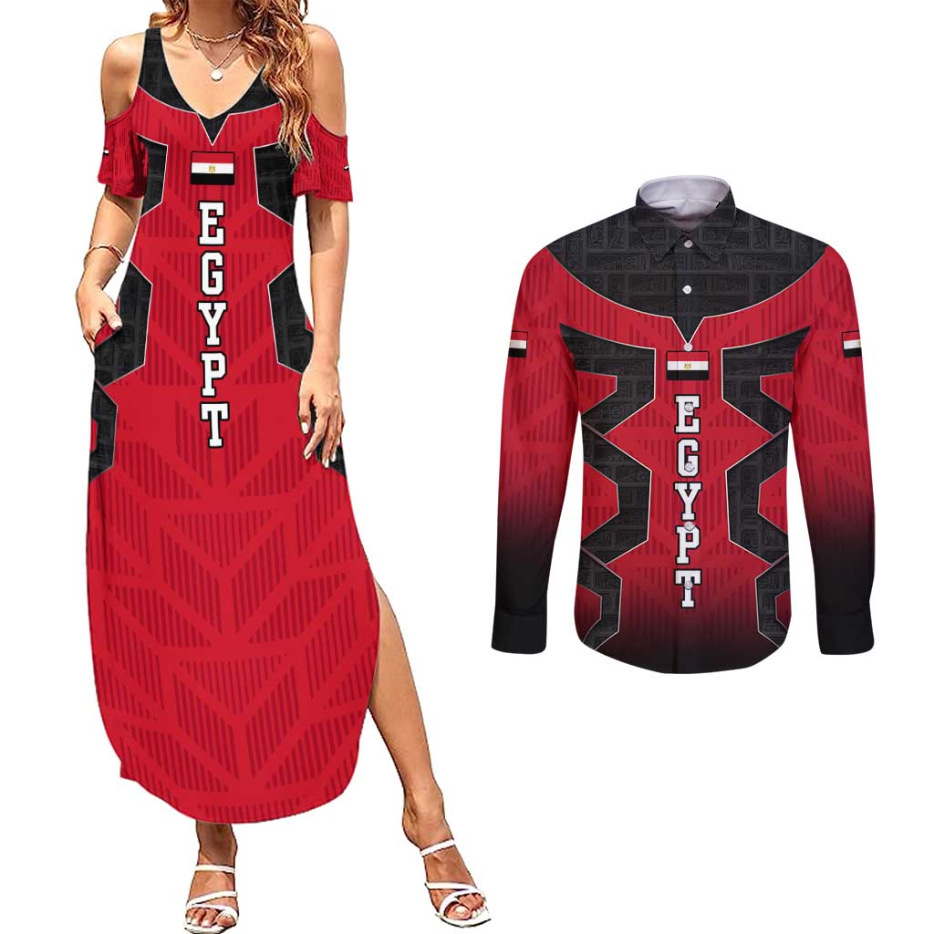 Egypt Flag Emblem Couples Matching Summer Maxi Dress and Long Sleeve Button Shirt with Red Black Bold Spirit