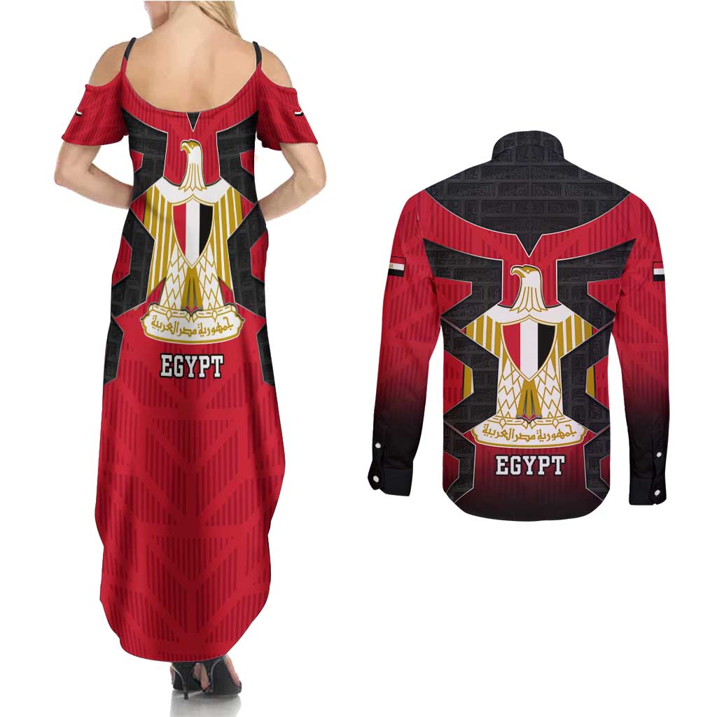 Egypt Flag Emblem Couples Matching Summer Maxi Dress and Long Sleeve Button Shirt with Red Black Bold Spirit