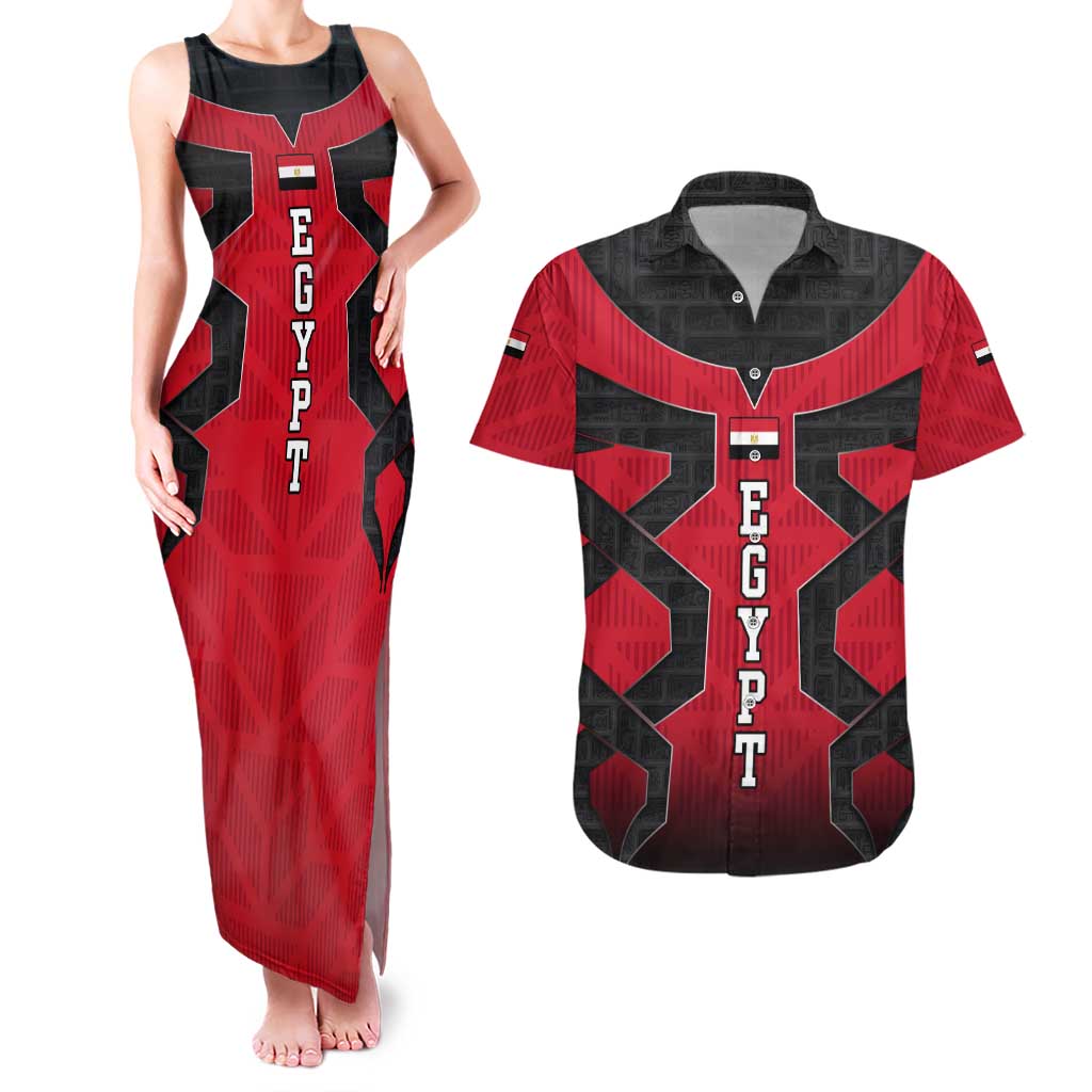 Egypt Flag Emblem Couples Matching Tank Maxi Dress and Hawaiian Shirt with Red Black Bold Spirit