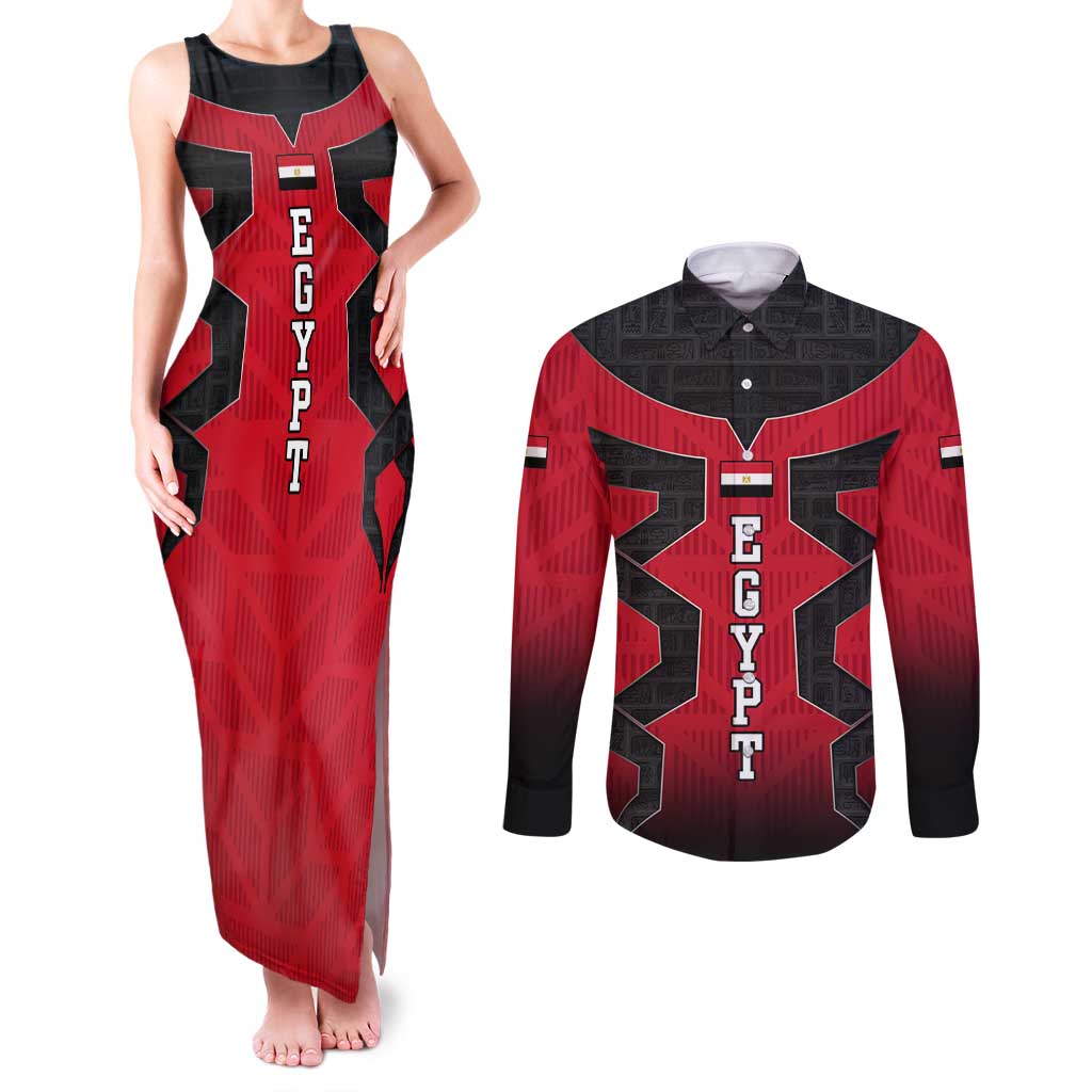Egypt Flag Emblem Couples Matching Tank Maxi Dress and Long Sleeve Button Shirt with Red Black Bold Spirit