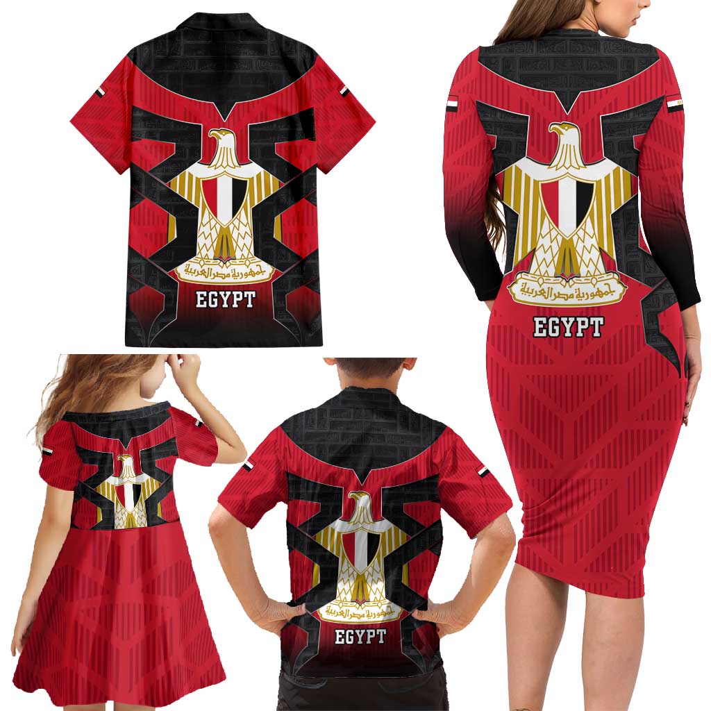 Egypt Flag Emblem Family Matching Long Sleeve Bodycon Dress and Hawaiian Shirt with Red Black Bold Spirit