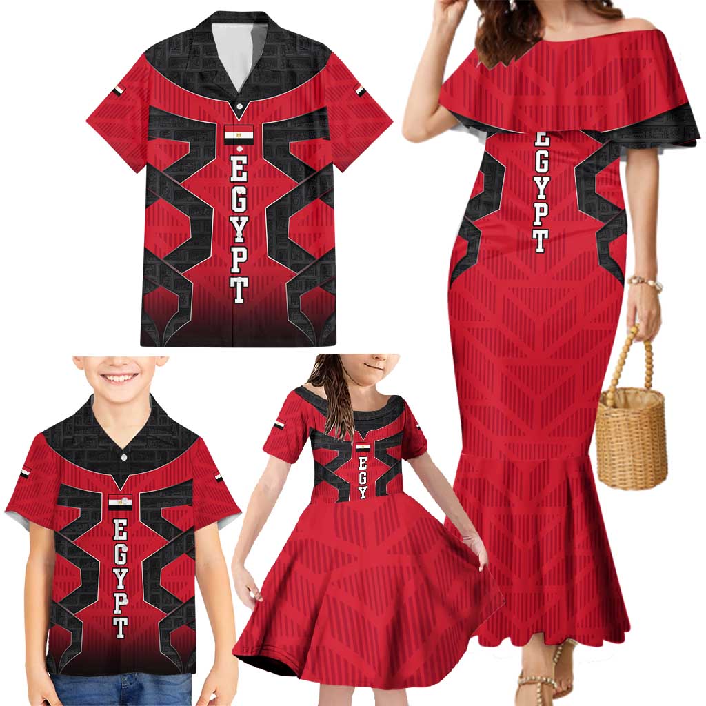 Egypt Flag Emblem Family Matching Mermaid Dress and Hawaiian Shirt with Red Black Bold Spirit