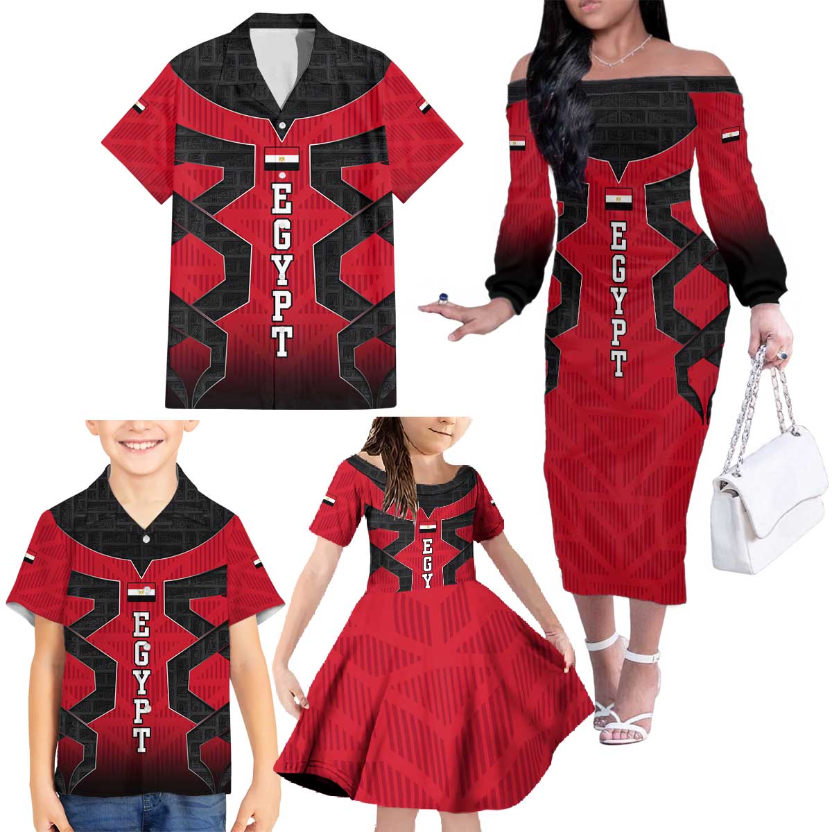 Egypt Flag Emblem Family Matching Off The Shoulder Long Sleeve Dress and Hawaiian Shirt with Red Black Bold Spirit