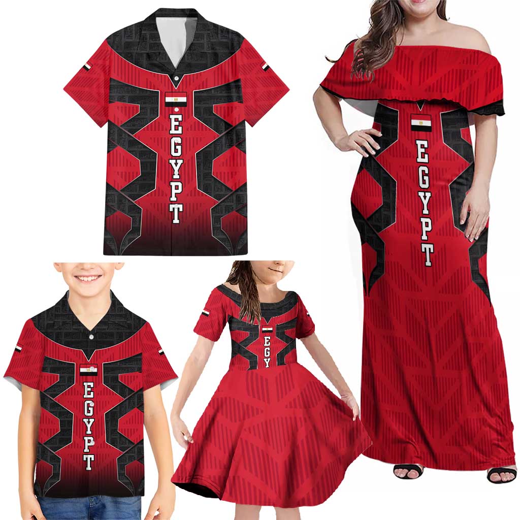 Egypt Flag Emblem Family Matching Off Shoulder Maxi Dress and Hawaiian Shirt with Red Black Bold Spirit