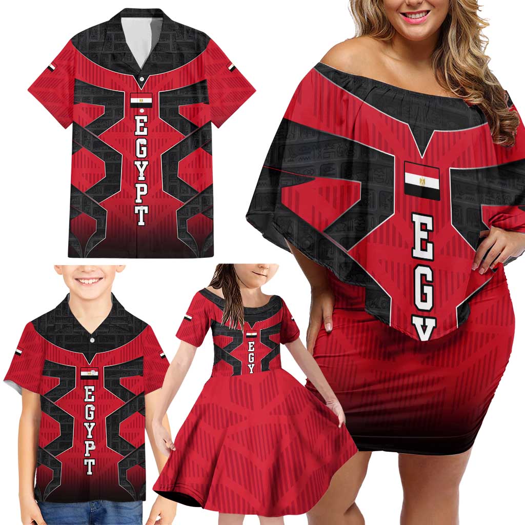 Egypt Flag Emblem Family Matching Off Shoulder Short Dress and Hawaiian Shirt with Red Black Bold Spirit