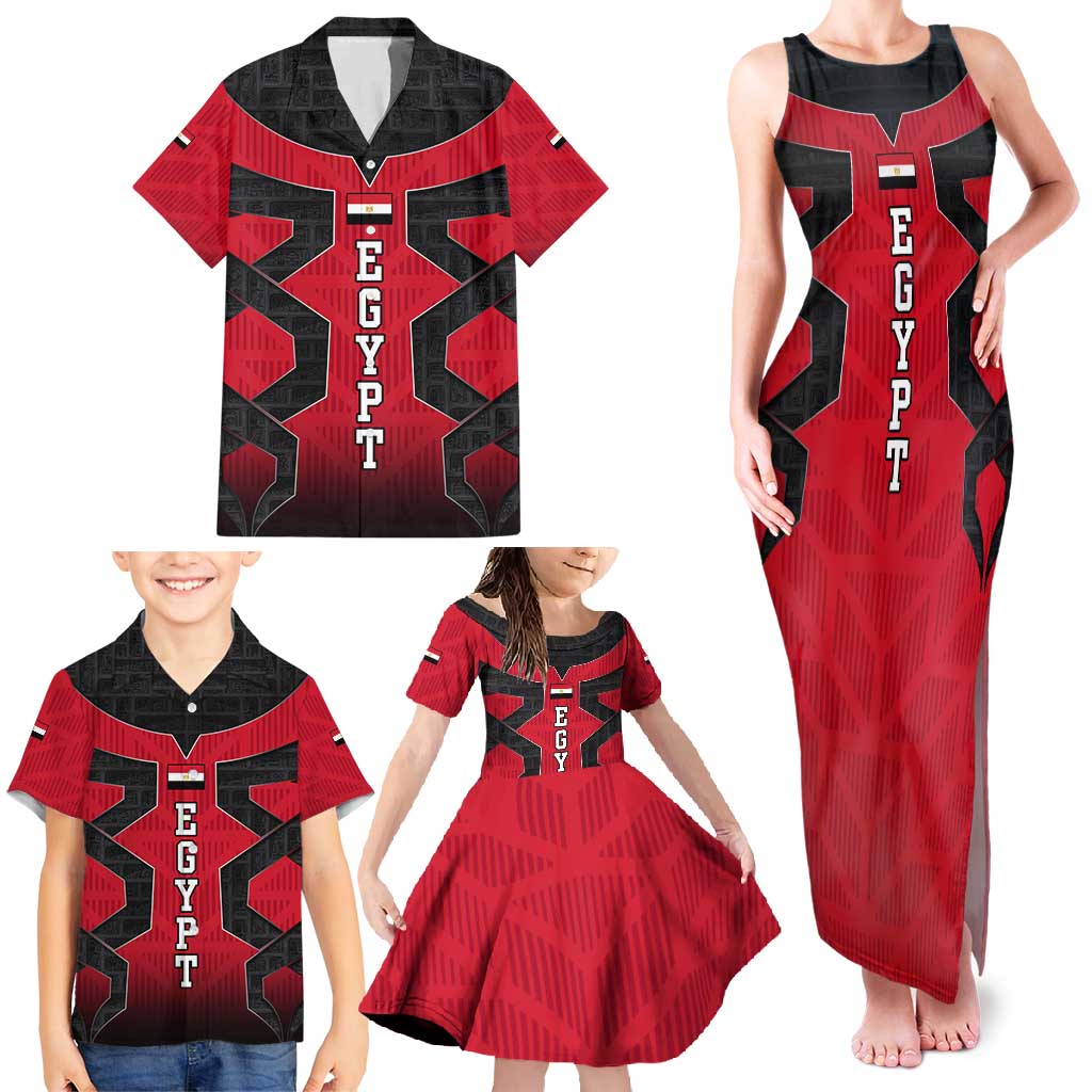 Egypt Flag Emblem Family Matching Tank Maxi Dress and Hawaiian Shirt with Red Black Bold Spirit