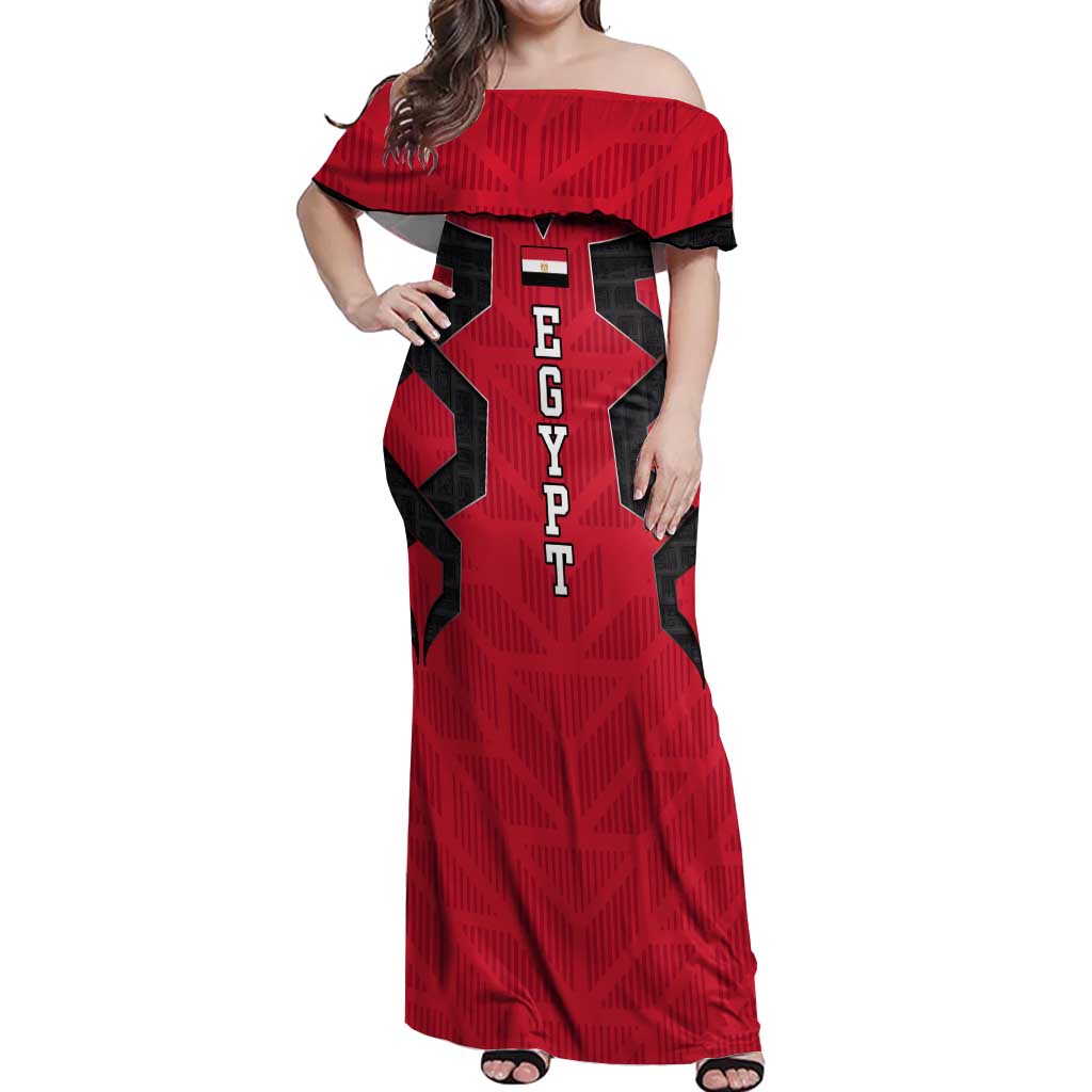 Egypt Flag Emblem Off Shoulder Maxi Dress with Red Black Bold Spirit