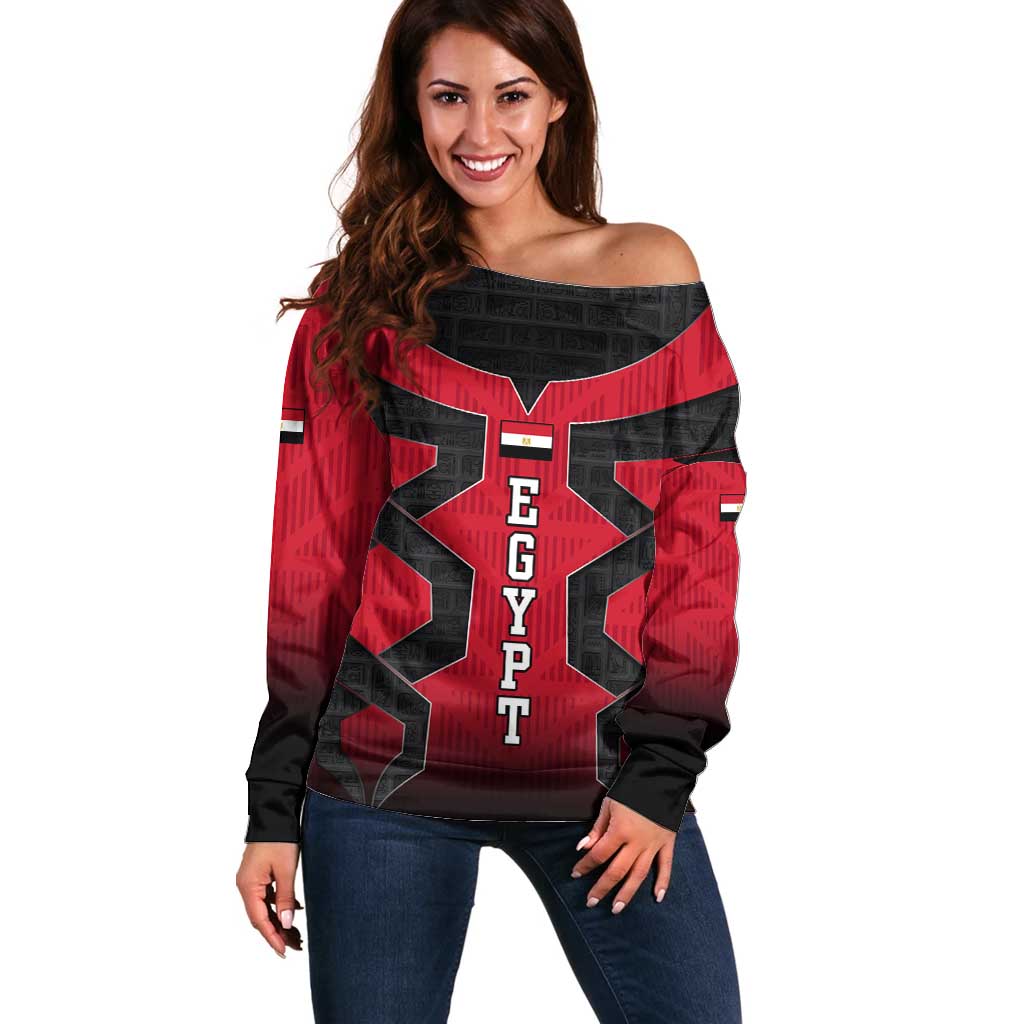 Egypt Flag Emblem Off Shoulder Sweater with Red Black Bold Spirit