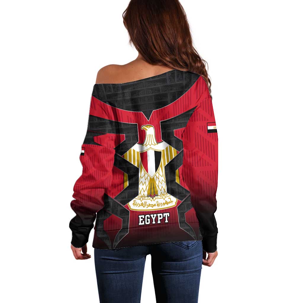 Egypt Flag Emblem Off Shoulder Sweater with Red Black Bold Spirit